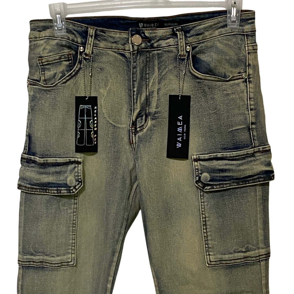 Y2K Waimea Multi-Pocket Oil Washed Cargo Denim Jeans Relaxed‎ 34x32 Streetwear